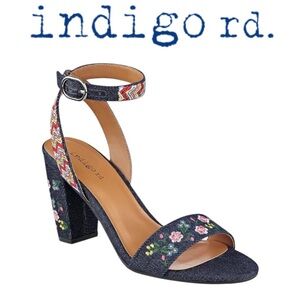 INDIGO RD. BADIE FLORAL EMBROIDERED DENIM BLUE ANKLE STRAP HEELED SANDALS *NWOT*